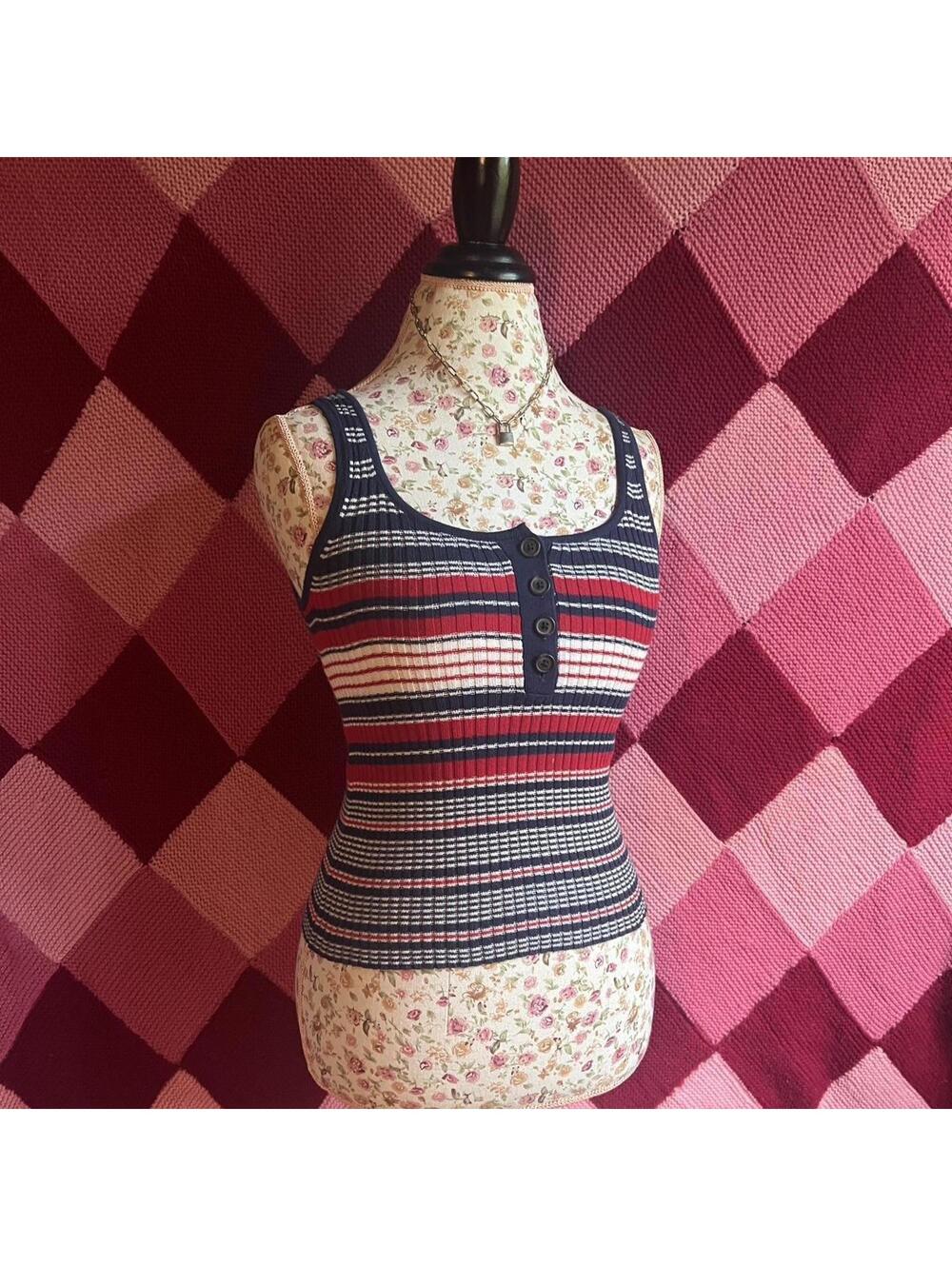 navy and red striped sweater knit tank top